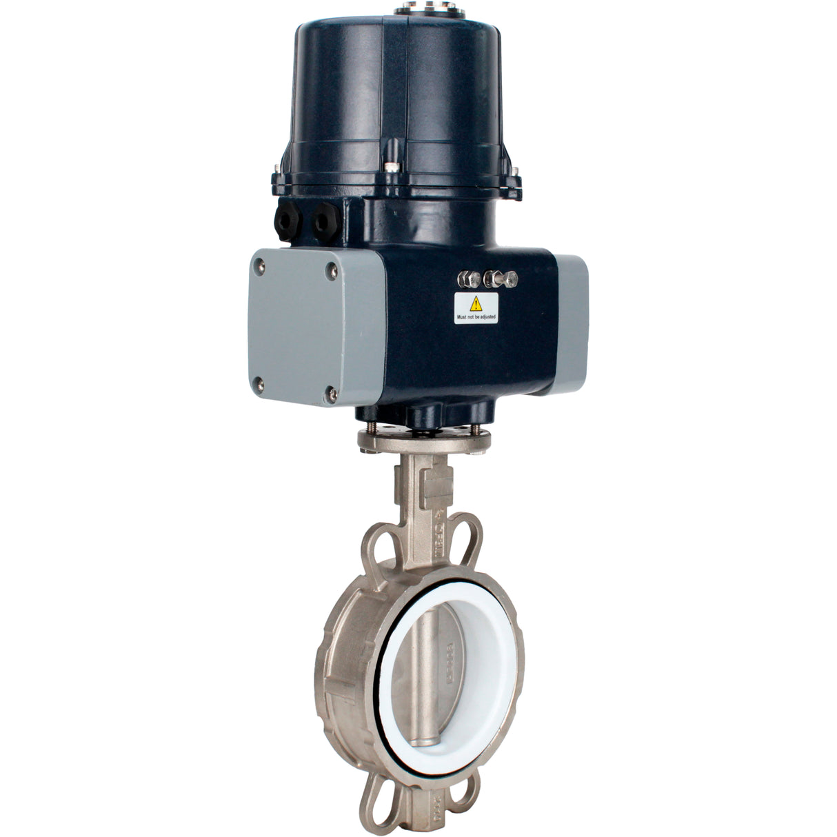 Absperrklappen Elephant WBV3232P-2W-Fb-H mit Zwischenflansch, Gehäuse - Edelstahl AISI 316L, Scheibe - Edelstahl 316L, Dichtung - PTFE, mit elektrischem Vierteldrehantrieb Elephant QTSA-N-EM-O0-220VAC