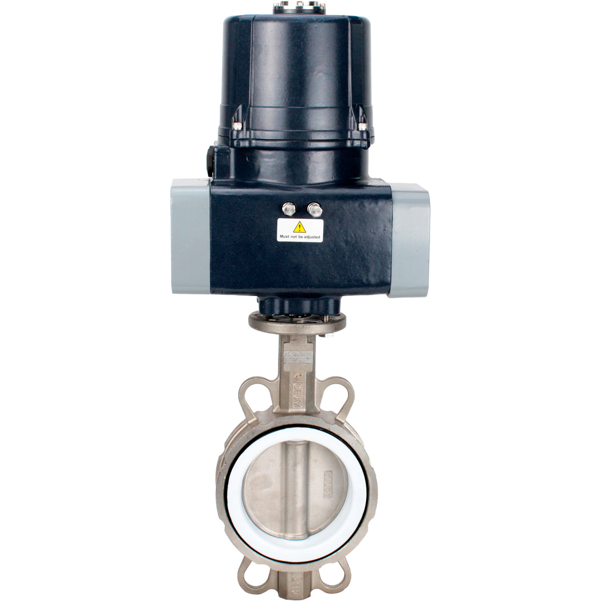 Absperrklappen Elephant WBV3232P-2W-Fb-H mit Zwischenflansch, Gehäuse - Edelstahl AISI 316L, Scheibe - Edelstahl 316L, Dichtung - PTFE, mit elektrischem Vierteldrehantrieb Elephant QTSA-N-EM-O0-220VAC