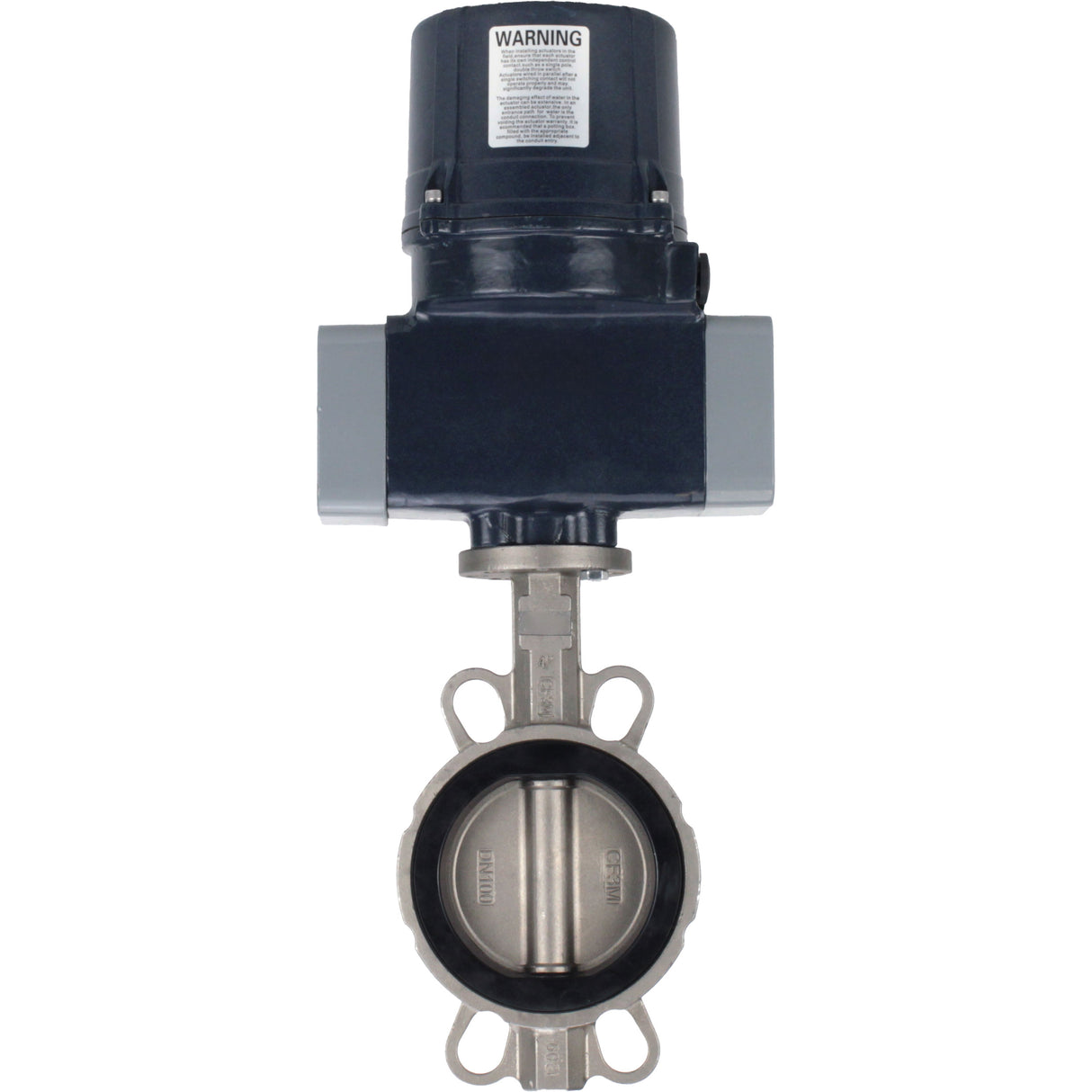 Absperrklappen Elephant WBV3232E-2W-Fb-H mit Zwischenflansch, Gehäuse - Edelstahl AISI 316L, Scheibe - Edelstahl 316L, Dichtung - EPDM, mit elektrischem Vierteldrehantrieb Elephant QTSA-N-EM-O0-220VAC