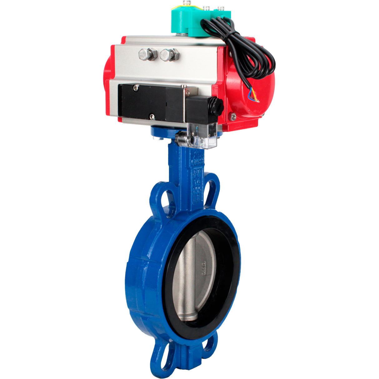 Water Butterfly Valve Elephant WBV3432V-2W-Fb-H DN50-300 16 bar body - WCB carbon steel, disc - 316L stainless steel, seal - Viton, with pneumatic actuator PA-DA-XXX, pneumatic distributor 4M310-08 NAMUR 24V and ALS200D magnetic switch