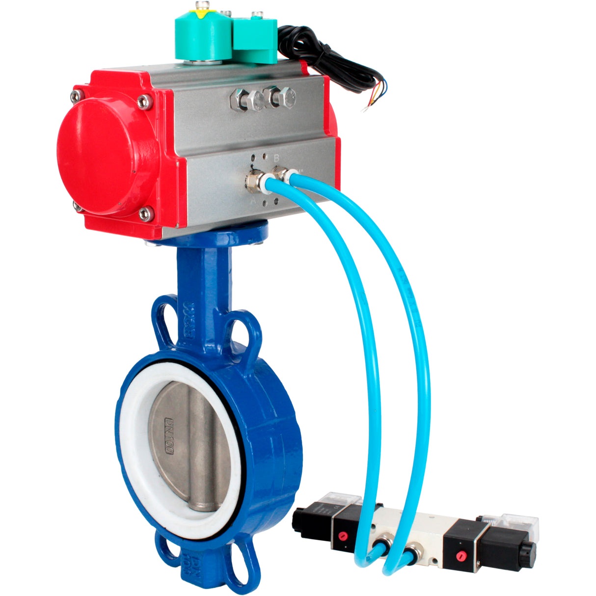 Water Butterfly Valve Elephant WBV3432P-2W-Fb-H DN40-300 16 bar body - WCB carbon steel, disc - 316L stainless steel, seal - PTFE, with pneumatic actuator PA-DA-XXX, pneumatic distributor 4V320-08 220V and ALS200D magnetic switch