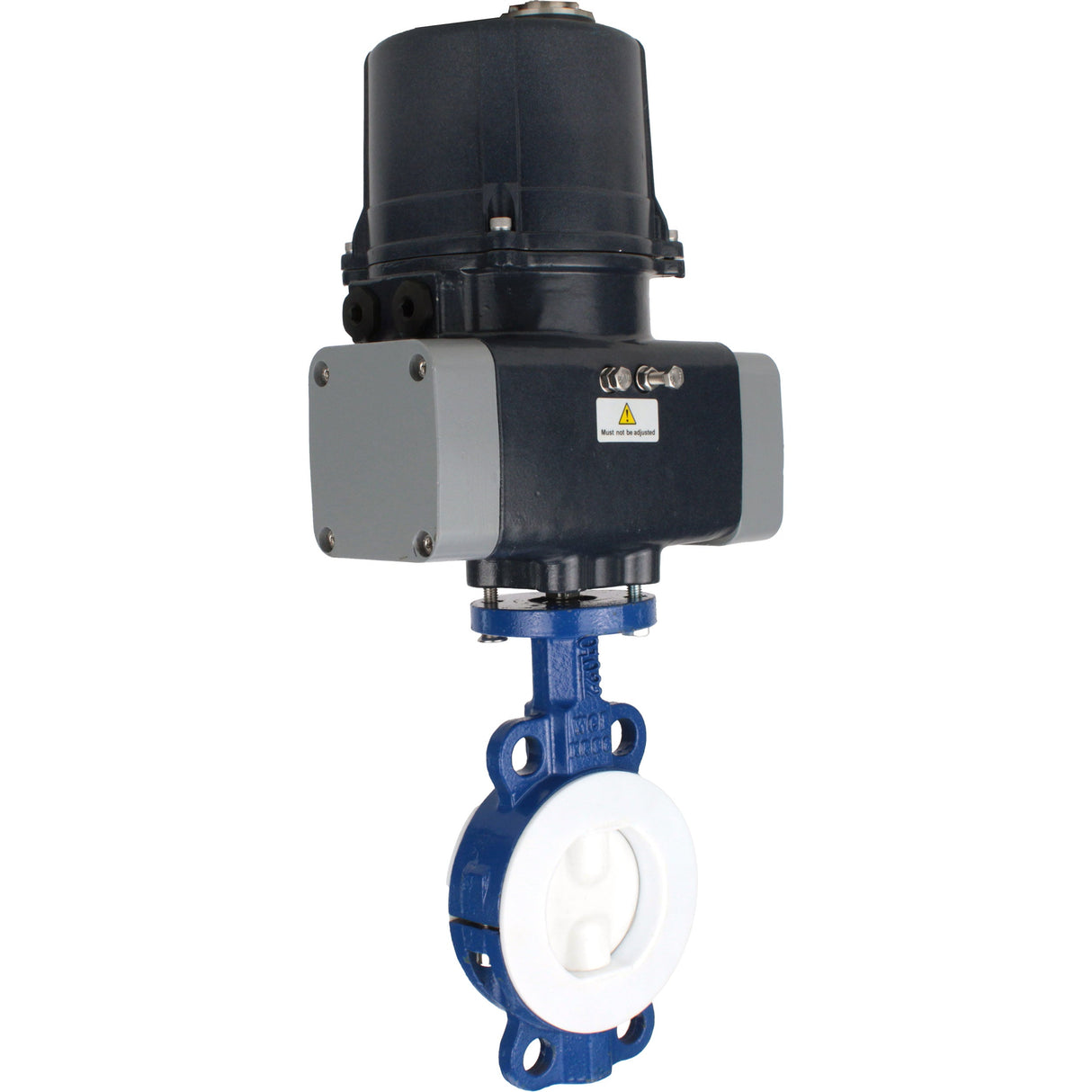 Schmetterlingsventile Elephant WBV3434Pf-2W-Fb-H ausgekleidet, zwischenflanschig, Gehäuse - Kohlenstoffstahl WCB, Scheibe - Kohlenstoffstahl WCB, Dichtung - PTFE, mit elektrischem Vierteldrehantrieb Elephant QTSA-N-EM-O0-220VAC