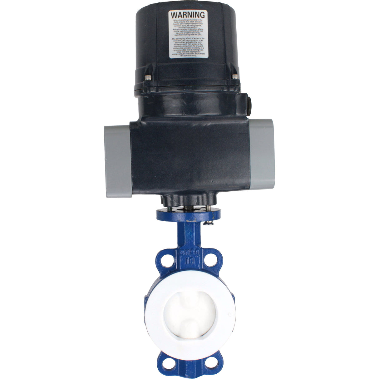 Schmetterlingsventile Elephant WBV3434Pf-2W-Fb-H ausgekleidet, zwischenflanschig, Gehäuse - Kohlenstoffstahl WCB, Scheibe - Kohlenstoffstahl WCB, Dichtung - PTFE, mit elektrischem Vierteldrehantrieb Elephant QTSA-N-EM-O0-220VAC