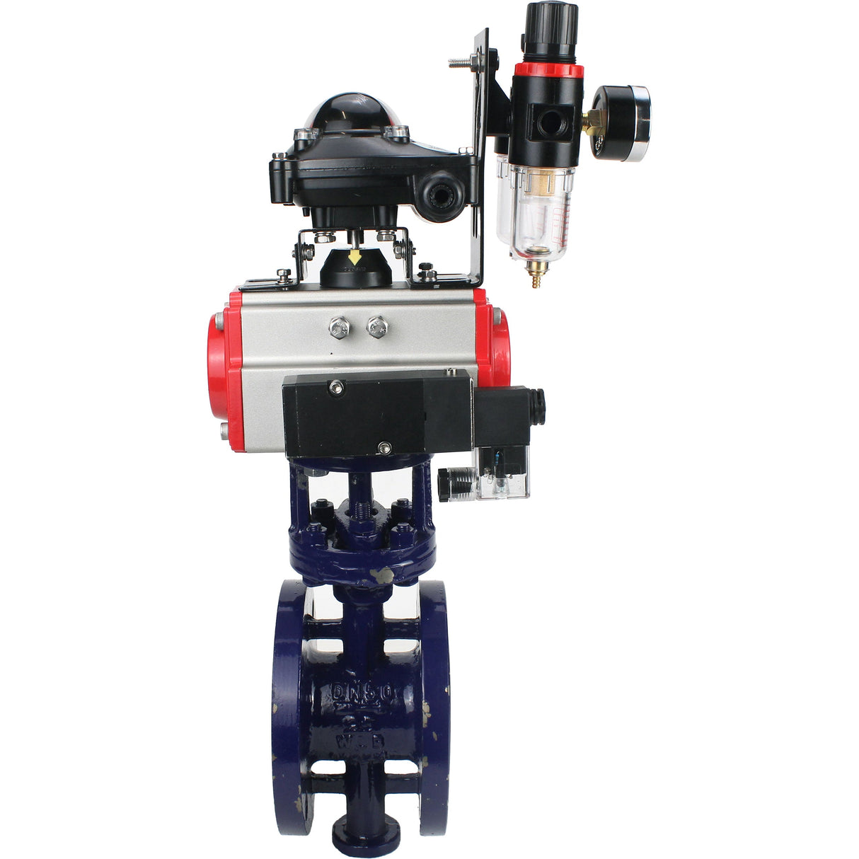 Wasser-Schmetterlingsventil Elephant WBV3EX-3432M-1W-F-ISO, Gehäusematerial - Kohlenstoffstahl, Scheibenmaterial - Edelstahl AISI 316, Dichtung - Metall, pneumatischer Antrieb PA-DA Doppelwirkung, 4M310-08 24V, LSU APL-210N ATU AFC2000