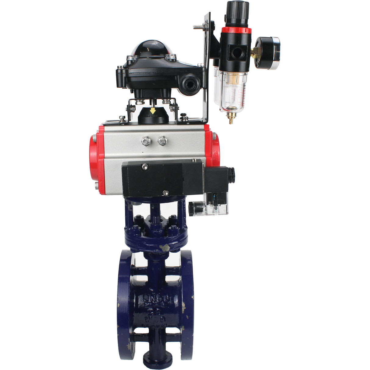 Wasser-Schmetterlingsventil Elephant WBV3EX-3432M-1W-F-ISO, Gehäusematerial - Kohlenstoffstahl, Scheibenmaterial - Edelstahl AISI 316, Dichtung - Metall, pneumatischer Antrieb PA-SA mit Rückstellfedern, 4M310-08 220V, LSU APL-210N ATU AFC2000