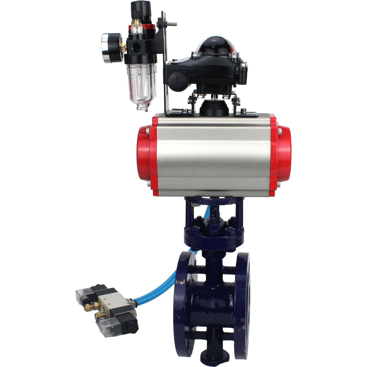 Wasser-Schmetterlingsventil Elephant WBV3EX-3431M-1W-F-ISO, Gehäusematerial - Kohlenstoffstahl, Scheibenmaterial - Edelstahl AISI 304, Dichtung - Metall, pneumatischer Antrieb PA-DA Doppelwirkung, 4V320-08 220V, LSU APL-210N ATU AFC2000