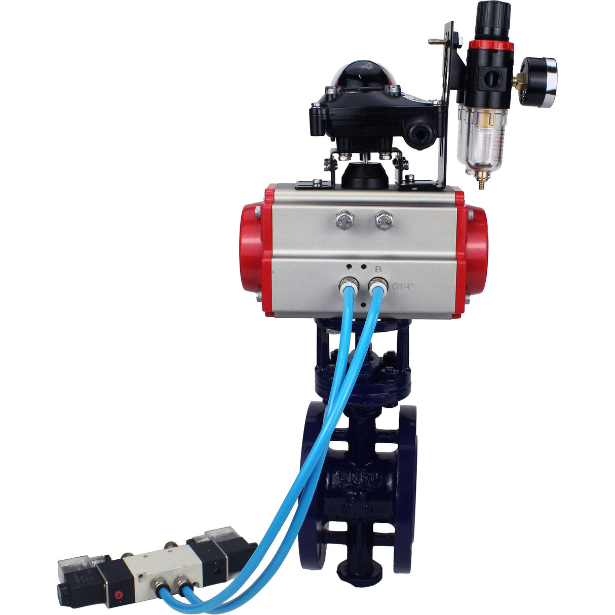 Wasser-Schmetterlingsventil Elephant WBV3EX-3432M-1W-F-ISO, Gehäusematerial - Kohlenstoffstahl, Scheibenmaterial - Edelstahl AISI 316, Dichtung - Metall, pneumatischer Antrieb PA-DA Doppelwirkung, 4V320-10 220V, LSU APL-210N ATU AFC2000