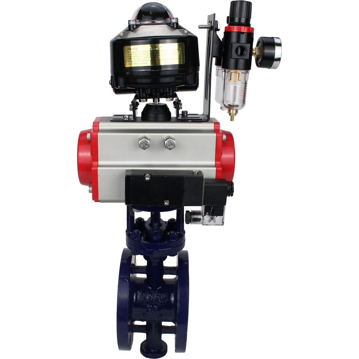 Wasser-Schmetterlingsventil Elephant WBV3EX-3431M-1W-F-ISO, Gehäusematerial - Kohlenstoffstahl, Scheibenmaterial - Edelstahl AISI 304, Dichtung - Metall, pneumatischer Antrieb PA-SA mit Rückstellfedern, 4M310-08 24V, LSU APL-510N EX, ATU AFC2000