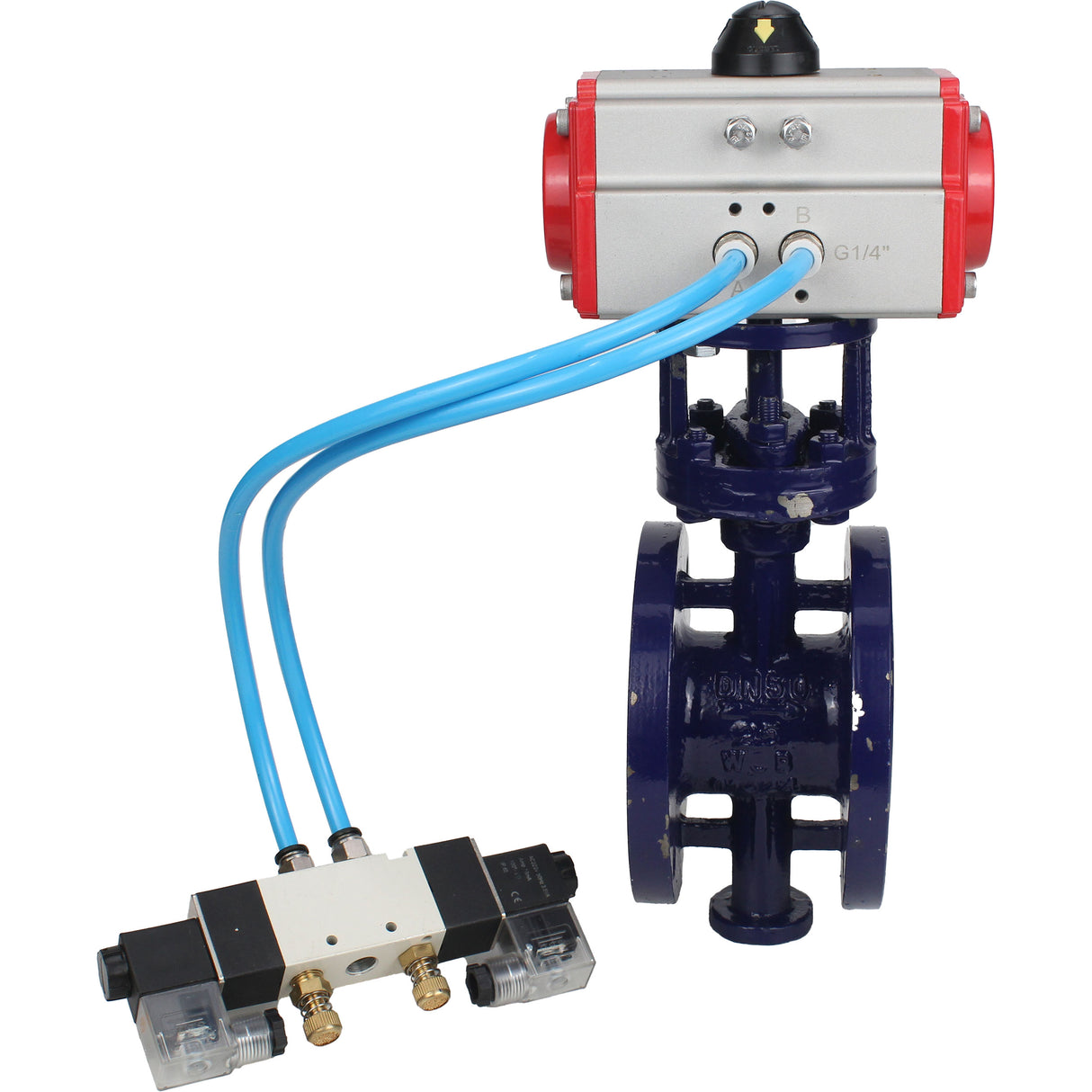 Wasser-Schmetterlingsventil Elephant WBV3EX-3432M-1W-F-ISO, Gehäusematerial - Kohlenstoffstahl, Scheibenmaterial - Edelstahl AISI 316, Dichtung - Metall, pneumatischer Antrieb PA-SA mit Rückstellfedern, 4V320-10 220V