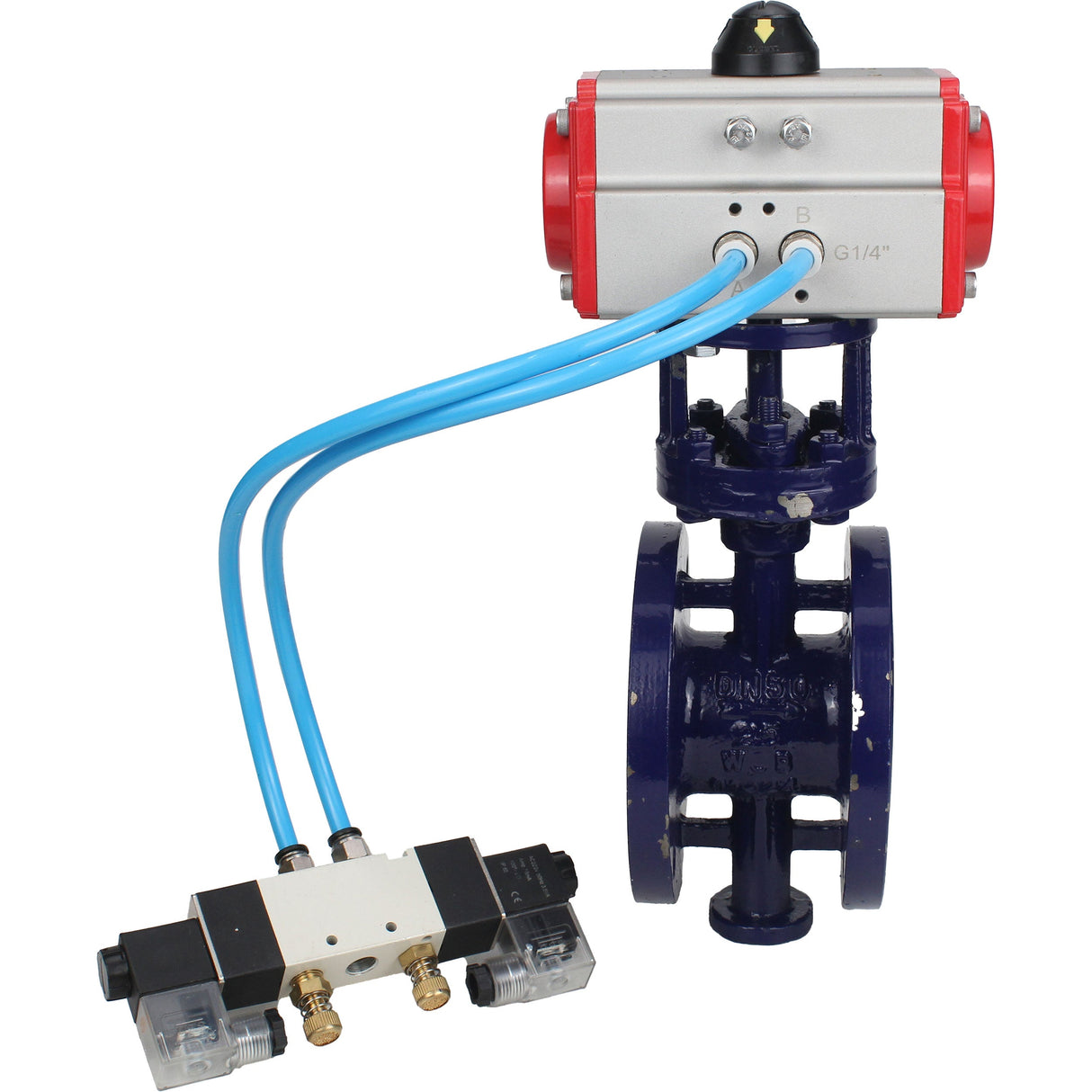 Wasser-Schmetterlingsventil Elephant WBV3EX-3432M-1W-F-ISO, Gehäusematerial - Kohlenstoffstahl, Scheibenmaterial - Edelstahl AISI 316, Dichtung - Metall, pneumatischer Antrieb PA-SA mit Rückstellfedern, 4V320-08 220V