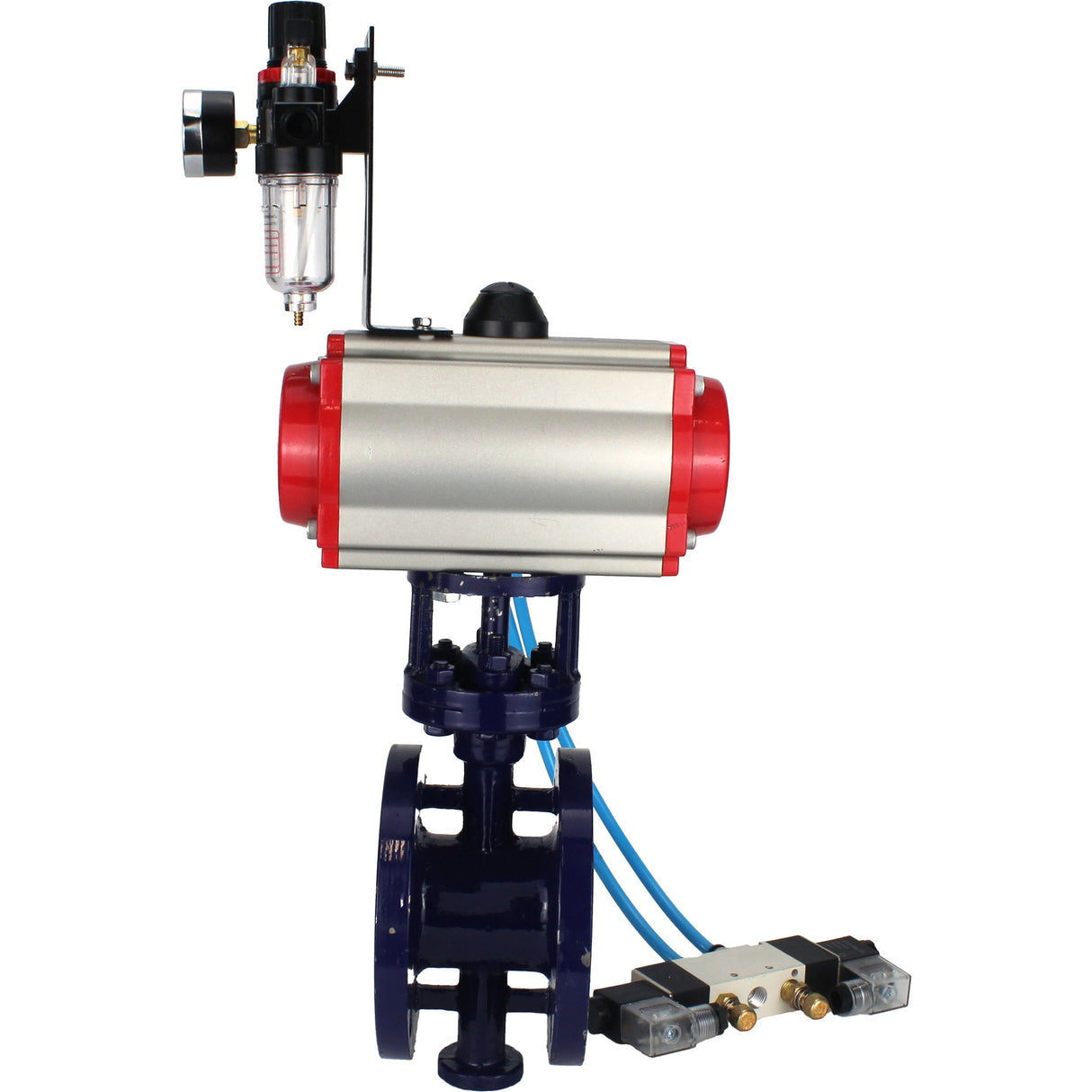 Wasser-Schmetterlingsventil Elephant WBV3EX-3432M-1W-F-ISO, Gehäusematerial - Kohlenstoffstahl, Scheibenmaterial - Edelstahl AISI 316, Dichtung - Metall, pneumatischer Antrieb PA-DA Doppelwirkung, 4V320-08 220V ATU AFC2000