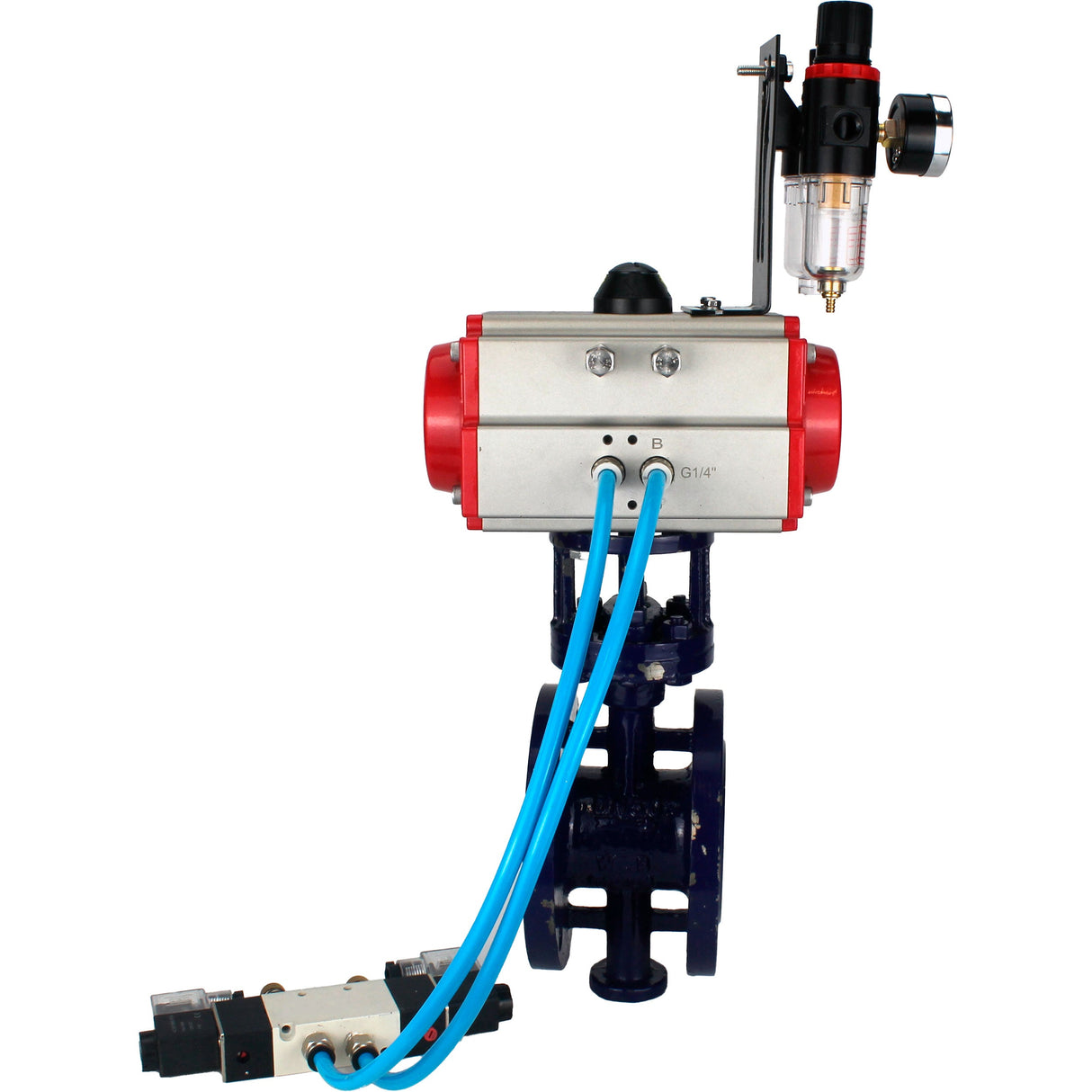 Wasser-Schmetterlingsventil Elephant WBV3EX-3432M-1W-F-ISO, Gehäusematerial - Kohlenstoffstahl, Scheibenmaterial - Edelstahl AISI 316, Dichtung - Metall, pneumatischer Antrieb PA-DA Doppelwirkung, 4V320-08 220V ATU AFC2000