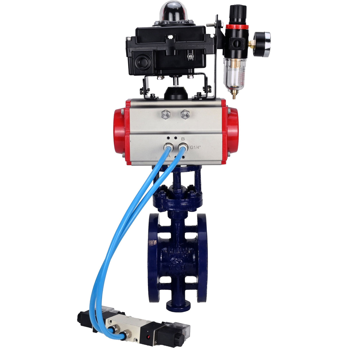 Wasser-Schmetterlingsventil Elephant WBV3EX-3432M-1W-F-ISO, Gehäusematerial - Kohlenstoffstahl, Scheibenmaterial - Edelstahl AISI 316, Dichtung - Metall, pneumatischer Antrieb PA-SA mit Rückstellfedern, 4V320-10 220V, LSU APL-410N EX ATU AFC2000