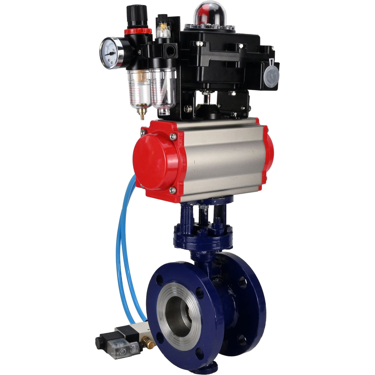 Wasser-Schmetterlingsventil Elephant WBV3EX-3432M-1W-F-ISO, Gehäusematerial - Kohlenstoffstahl, Scheibenmaterial - Edelstahl AISI 316, Dichtung - Metall, pneumatischer Antrieb PA-DA Doppelwirkung, 4V320-08 220V, LSU APL-410N EX ATU AFC2000