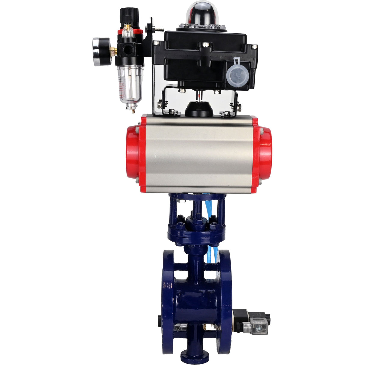 Wasser-Schmetterlingsventil Elephant WBV3EX-3431M-1W-F-ISO, Gehäusematerial - Kohlenstoffstahl, Scheibenmaterial - Edelstahl AISI 304, Dichtung - Metall, pneumatischer Antrieb PA-DA Doppelwirkung, 4V320-10 220V, LSU APL-410N EX ATU AFC2000