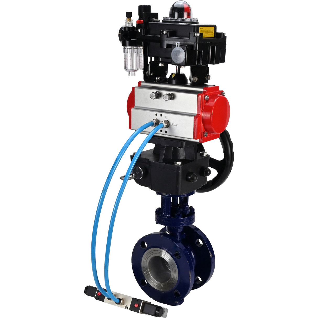 Wasser-Schmetterlingsventil Elephant WBV3EX-3432M-1W-F-ISO, Gehäusematerial - Kohlenstoffstahl, Scheibenmaterial - Edelstahl AISI 316, Dichtung - Metall, pneumatischer Antrieb PA-DA Doppelwirkung, 4V320-08 220V, LSU APL-410N EX, Handrad MON, ATU AFC2000