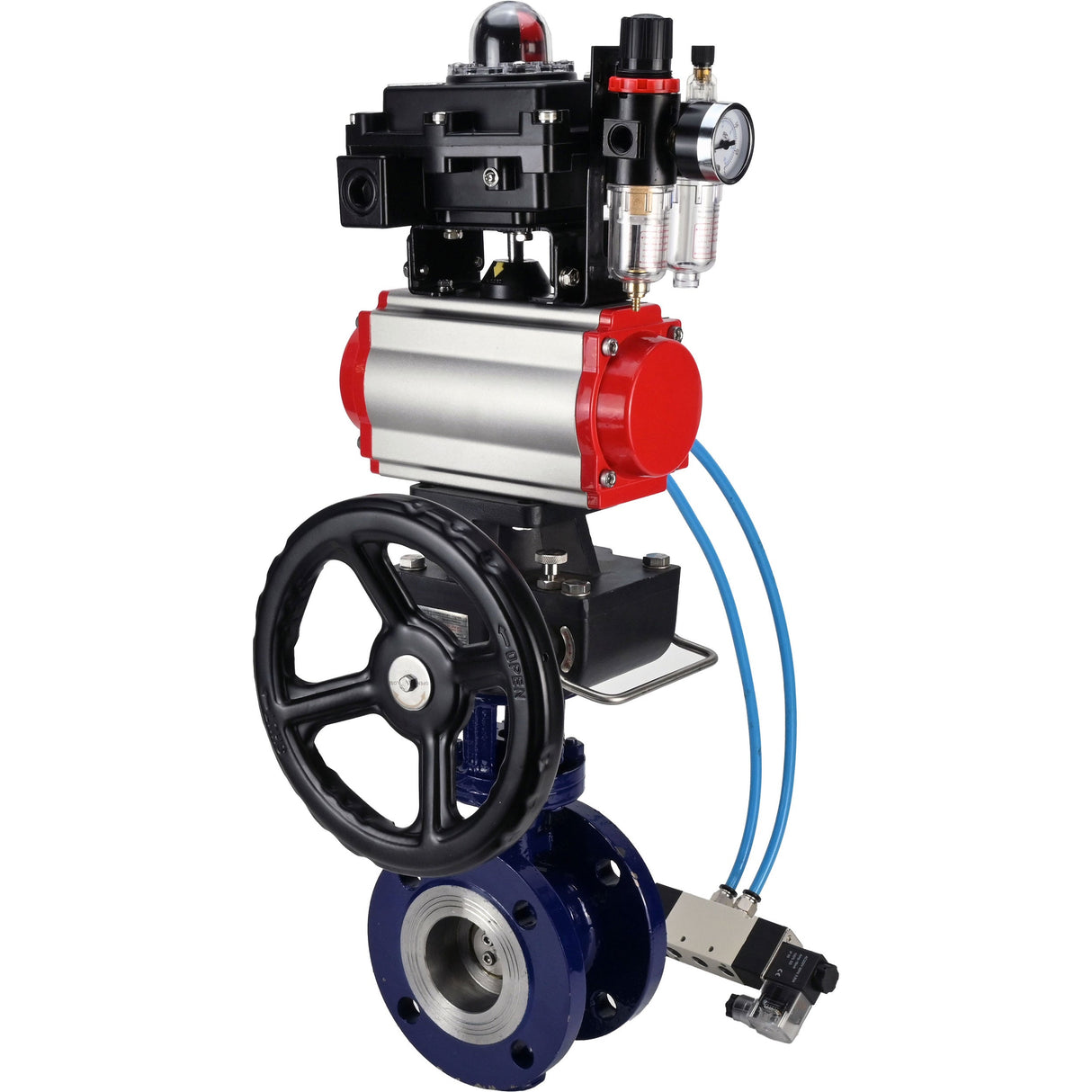 Wasser-Schmetterlingsventil Elephant WBV3EX-3432M-1W-F-ISO, Gehäusematerial - Kohlenstoffstahl, Scheibenmaterial - Edelstahl AISI 316, Dichtung - Metall, pneumatischer Antrieb PA-DA Doppelwirkung, 4V320-08 220V, LSU APL-410N EX, Handrad MON, ATU AFC2000