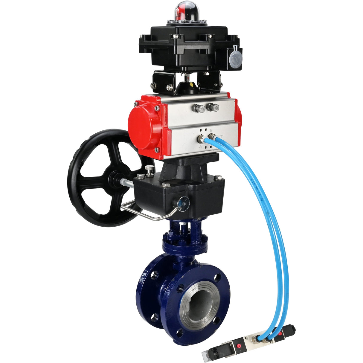 Wasser-Schmetterlingsventil Elephant WBV3EX-3432M-1W-F-ISO, Gehäusematerial - Kohlenstoffstahl, Scheibenmaterial - Edelstahl AISI 316, Dichtung - Metall, pneumatischer Antrieb PA-DA Doppelwirkung, 4V320-10 220V, LSU APL-410N EX, Handrad MON