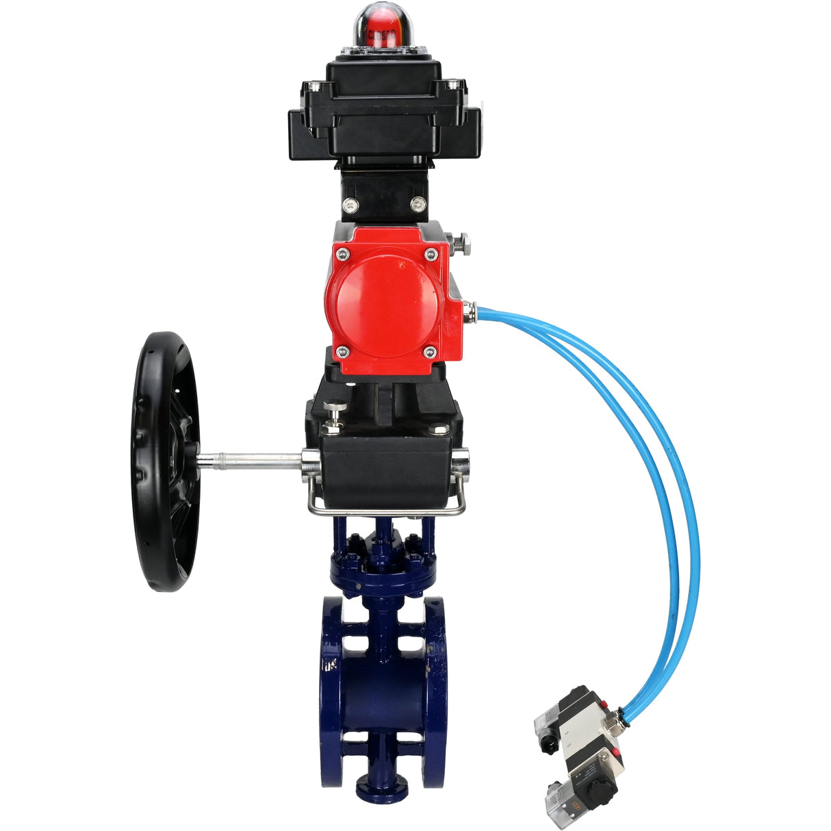 Wasser-Schmetterlingsventil Elephant WBV3EX-3431M-1W-F-ISO, Gehäusematerial - Kohlenstoffstahl, Scheibenmaterial - Edelstahl AISI 304, Dichtung - Metall, pneumatischer Antrieb PA-DA Doppelwirkung, 4V320-10 220V, LSU APL-410N EX, Handrad MON,