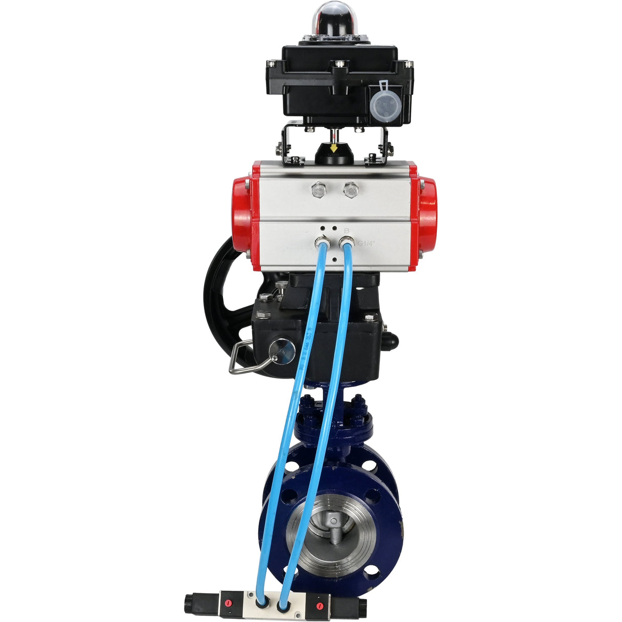 Wasser-Schmetterlingsventil Elephant WBV3EX-3432M-1W-F-ISO, Gehäusematerial - Kohlenstoffstahl, Scheibenmaterial - Edelstahl AISI 316, Dichtung - Metall, pneumatischer Antrieb PA-DA Doppelwirkung, 4V320-10 220V, LSU APL-410N EX, Handrad MON