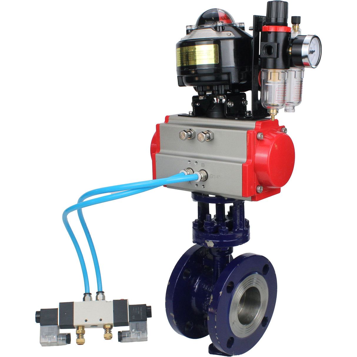 Wasser-Schmetterlingsventil Elephant WBV3EX-3432M-1W-F-ISO, Gehäusematerial - Kohlenstoffstahl, Scheibenmaterial - Edelstahl AISI 316, Dichtung - Metall, pneumatischer Antrieb PA-DA Doppelwirkung, 4V320-10 220V, LSU APL-510N EX, ATU AFC2000