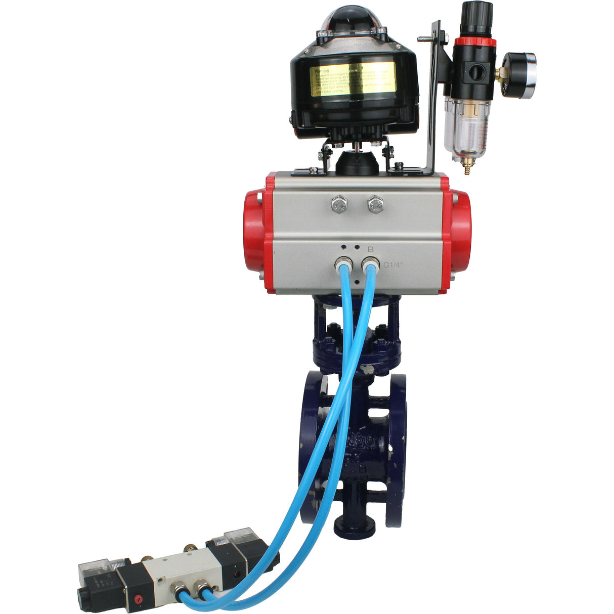 Wasser-Schmetterlingsventil Elephant WBV3EX-3432M-1W-F-ISO, Gehäusematerial - Kohlenstoffstahl, Scheibenmaterial - Edelstahl AISI 316, Dichtung - Metall, pneumatischer Antrieb PA-DA Doppelwirkung, 4V320-10 220V, LSU APL-510N EX, ATU AFC2000