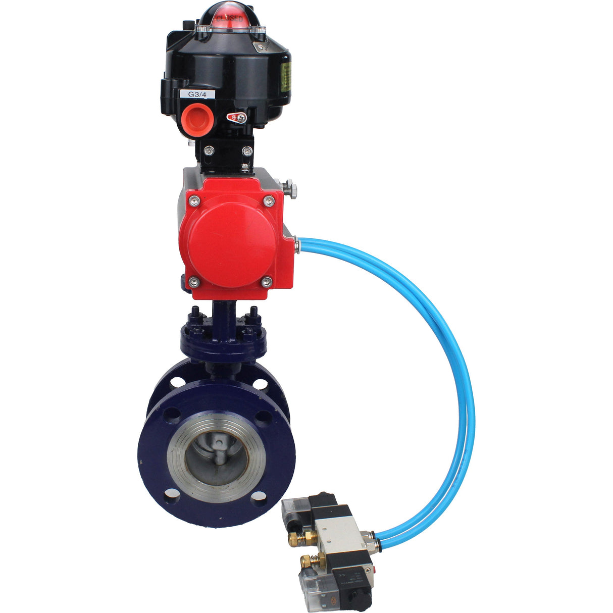 Wasser-Schmetterlingsventil Elephant WBV3EX-3432M-1W-F-ISO, Gehäusematerial - Kohlenstoffstahl, Scheibenmaterial - Edelstahl AISI 316, Dichtung - Metall, pneumatischer Antrieb PA-DA Doppelwirkung, 4V320-10 220V, LSU APL-510N EX, ATU AFC2000