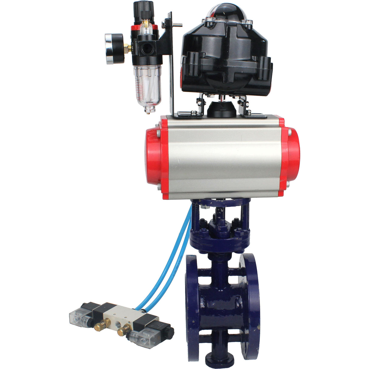 Wasser-Schmetterlingsventil Elephant WBV3EX-3432M-1W-F-ISO, Gehäusematerial - Kohlenstoffstahl, Scheibenmaterial - Edelstahl AISI 316, Dichtung - Metall, pneumatischer Antrieb PA-DA Doppelwirkung, 4V320-08 220V, LSU APL-510N EX, ATU AFC2000