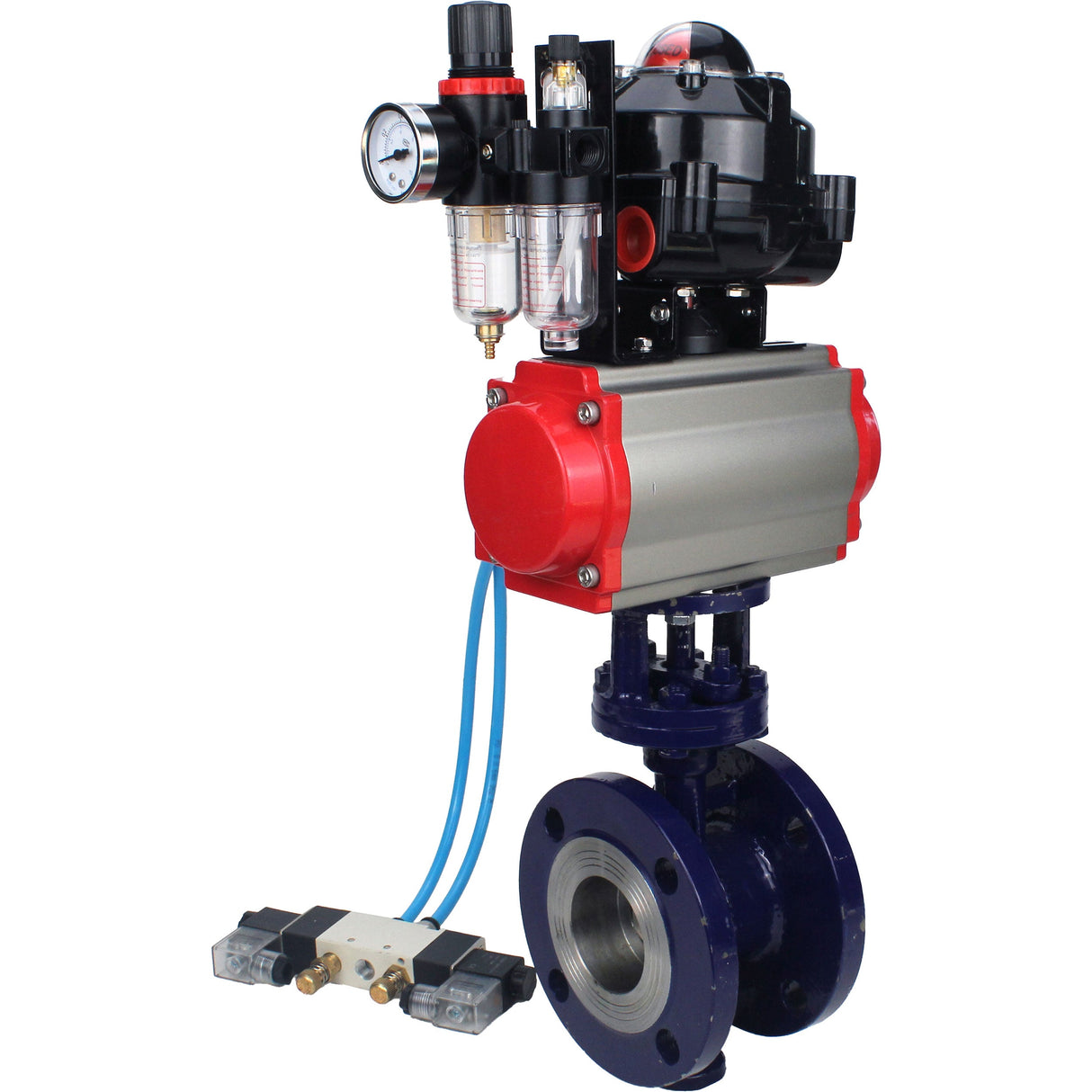 Wasser-Schmetterlingsventil Elephant WBV3EX-3431M-1W-F-ISO, Gehäusematerial - Kohlenstoffstahl, Scheibenmaterial - Edelstahl AISI 304, Dichtung - Metall, pneumatischer Antrieb PA-DA Doppelwirkung, 4V320-10 220V, LSU APL-510N EX, ATU AFC2000