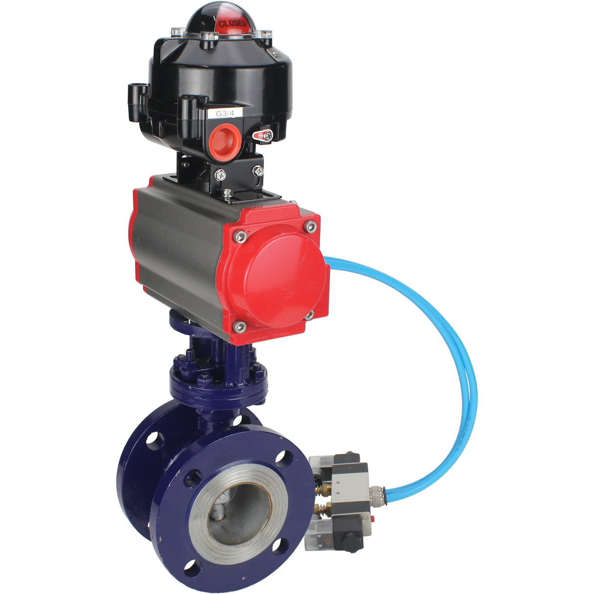 Wasser-Schmetterlingsventil Elephant WBV3EX-3431M-1W-F-ISO, Gehäusematerial - Kohlenstoffstahl, Scheibenmaterial - Edelstahl AISI 304, Dichtung - Metall, pneumatischer Antrieb PA-DA Doppelwirkung, 4V320-08 220V, LSU APL-510N EX