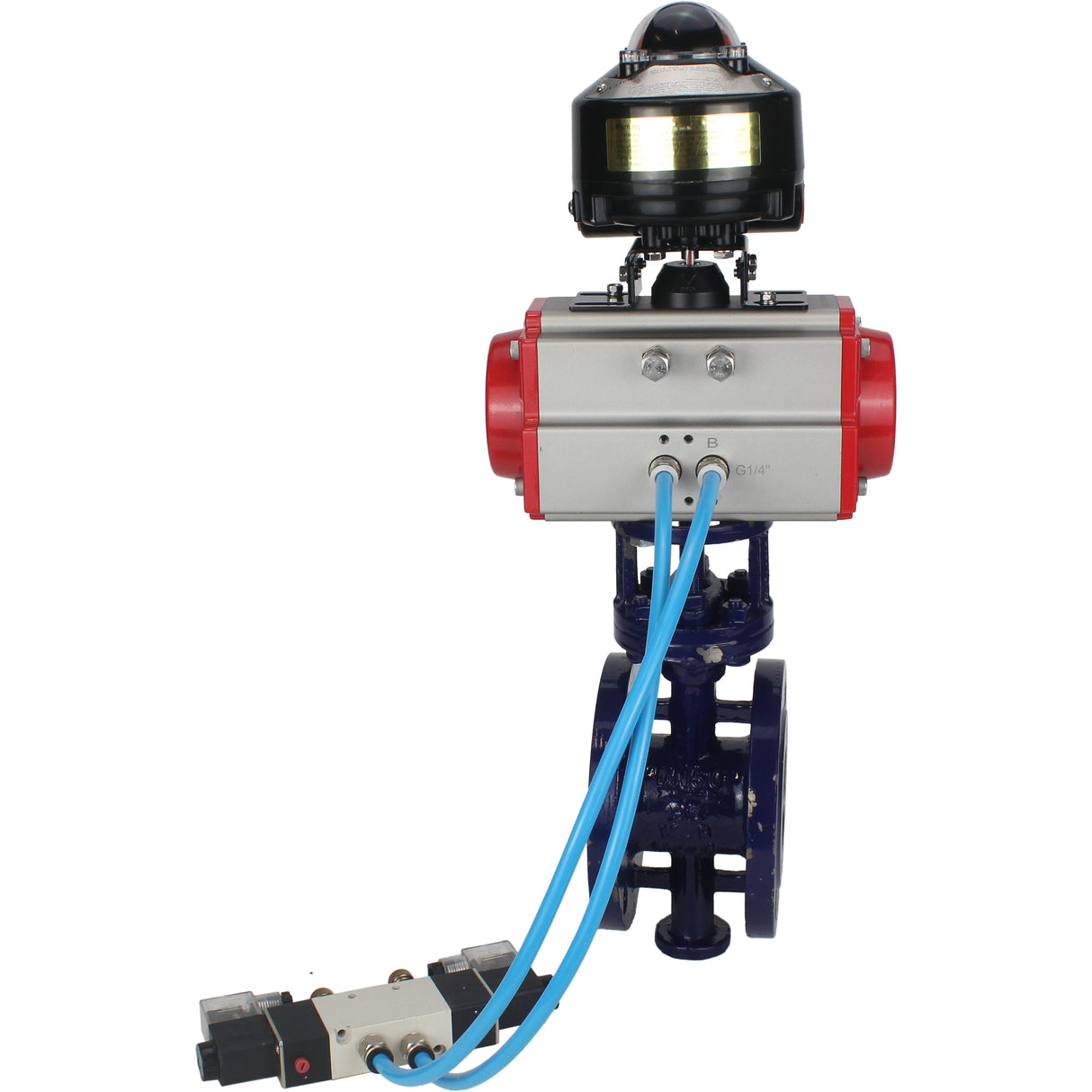 Wasser-Schmetterlingsventil Elephant WBV3EX-3431M-1W-F-ISO, Gehäusematerial - Kohlenstoffstahl, Scheibenmaterial - Edelstahl AISI 304, Dichtung - Metall, pneumatischer Antrieb PA-SA mit Rückstellfedern, 4V320-08 220V, LSU APL-510N EX