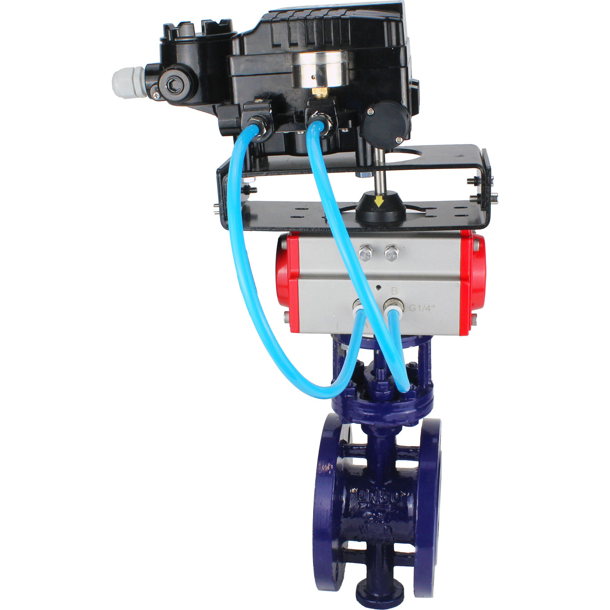 Wasser-Schmetterlingsventil Elephant WBV3EX-3432M-1W-F-ISO, Gehäusematerial - Kohlenstoffstahl, Scheibenmaterial - Edelstahl AISI 316, Dichtung - Metall, pneumatischer Antrieb PA-SA mit Rückstellfedern, Positionsgeber YT-1000RSN mit Rückmeldung