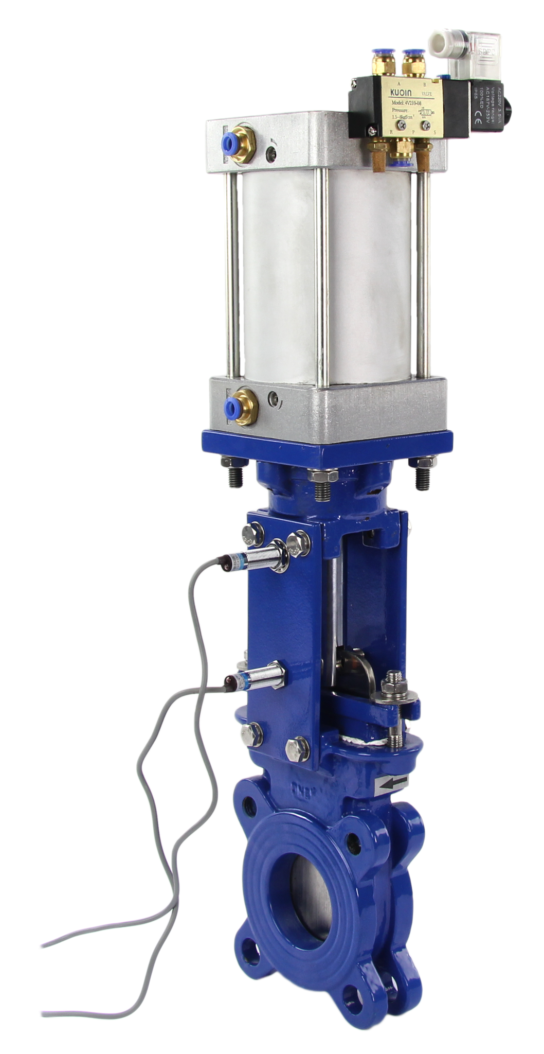 Messer-Schieberklappe Wafer-Typ Elephant GGG40-SS304-EPDM-2W-DA PSI145 Klasse 125 mit pneumatischem Antrieb, 4V210-08 24V pneumatischem Magnetventil und LJ12A3-4-J/EZ 24V induktiven Sensoren