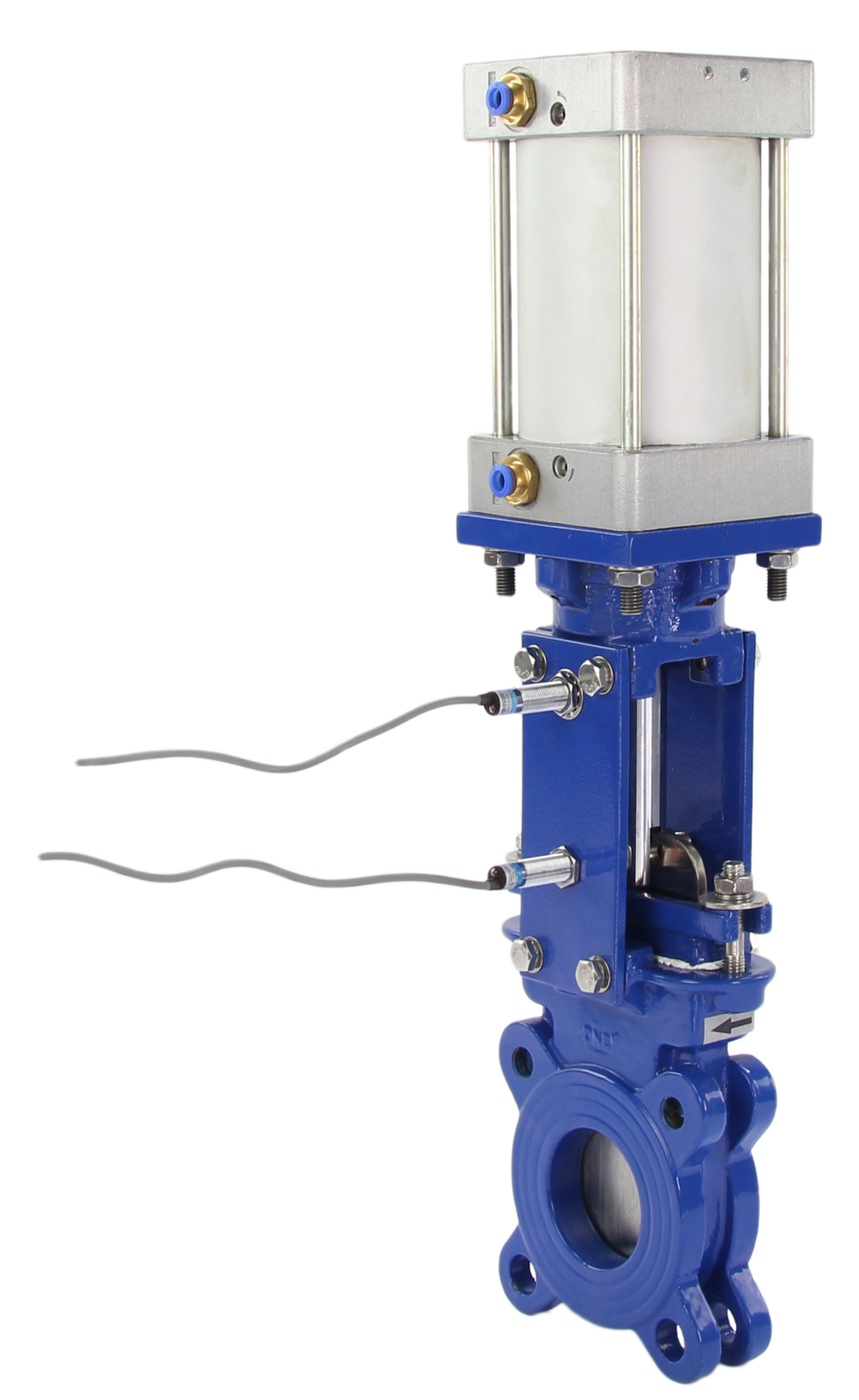 Messer-Schieberklappe Wafer-Typ Elephant GGG40-SS304-EPDM-2W-DA PSI145 Klasse 125 mit pneumatischem Antrieb, 4V210-08 24V pneumatischem Magnetventil und LJ12A3-4-J/EZ 24V induktiven Sensoren