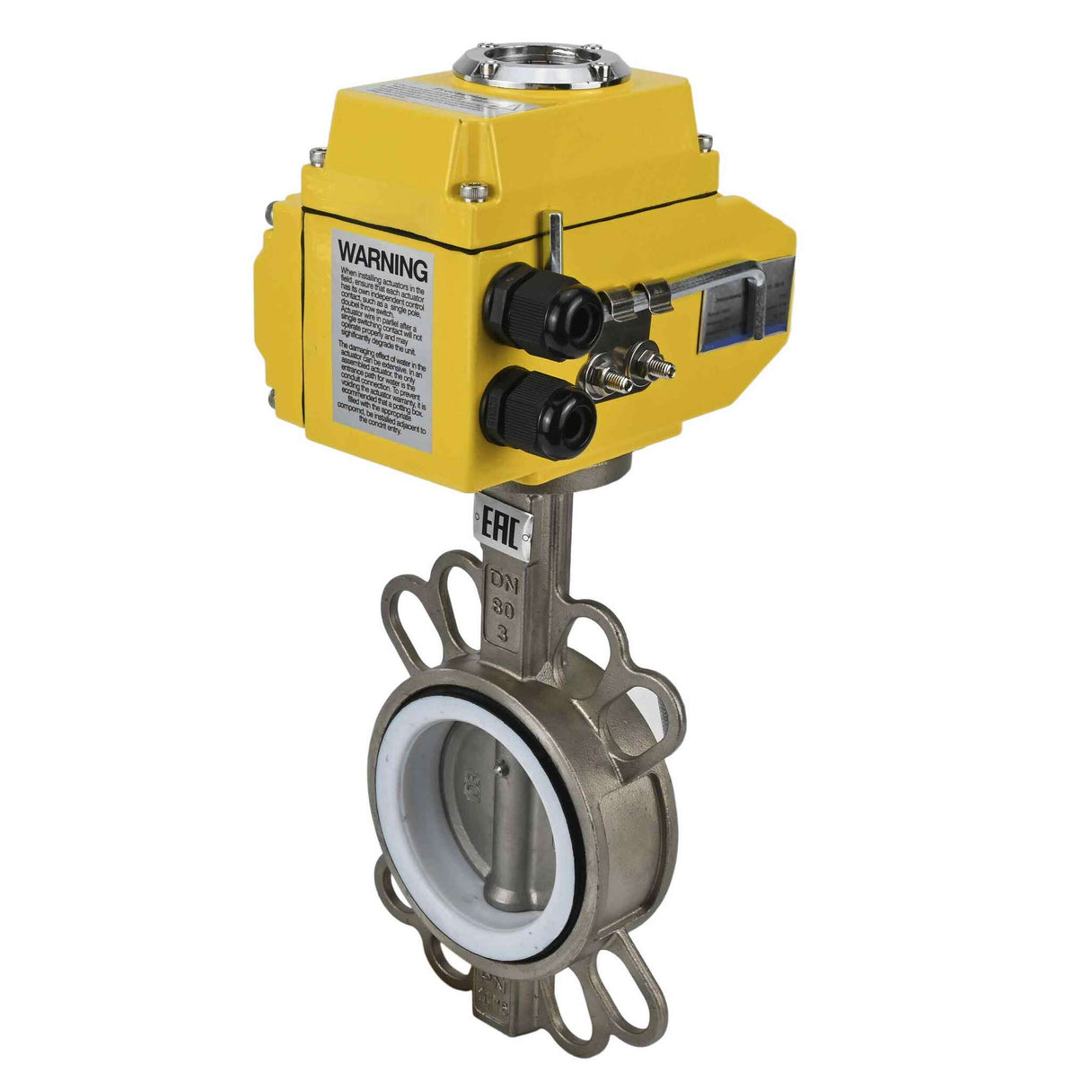 Wasserabsperrklappe Elephant 316l-ptfe-elephant-24v, Gehäusematerial – Edelstahl AISI 316L, Scheibenmaterial – Edelstahl AISI 316L, Dichtung – PTFE, elektrischer Antrieb betätigt