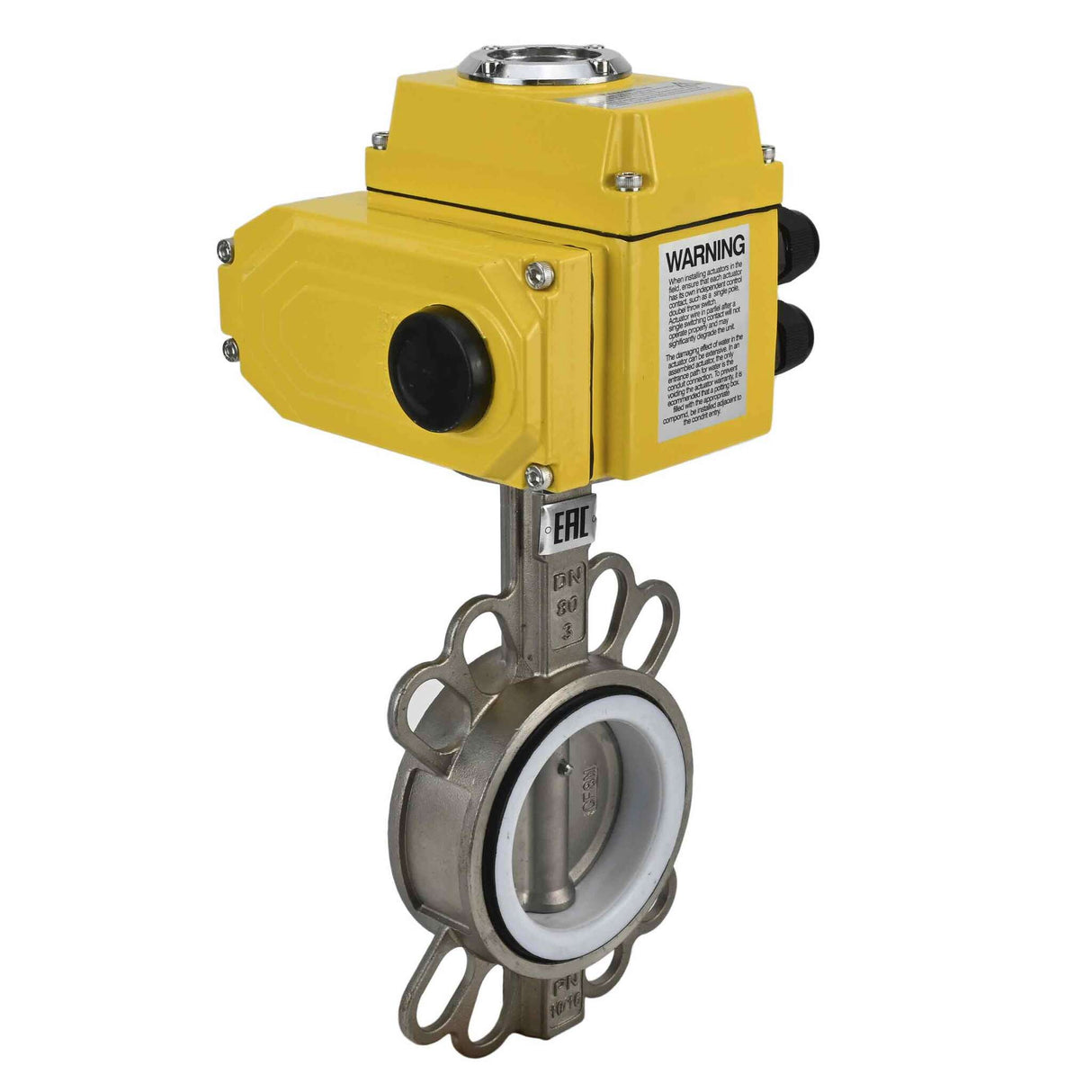 Wasserabsperrklappe Elephant 316l-ptfe-elephant-24v, Gehäusematerial – Edelstahl AISI 316L, Scheibenmaterial – Edelstahl AISI 316L, Dichtung – PTFE, elektrischer Antrieb betätigt