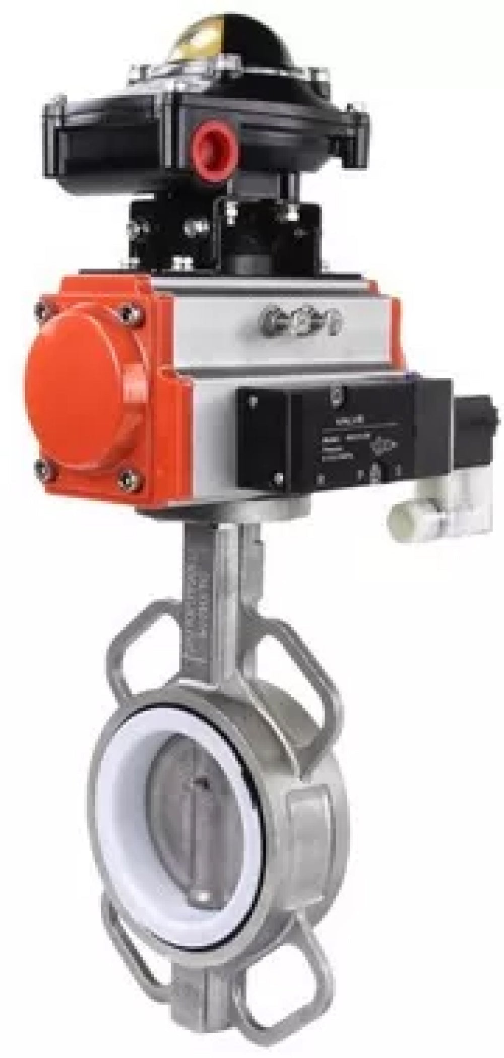 Water Butterfly Valve Elephant WBV3232P-2W-Fb-H, Gehäusematerial - Edelstahl AISI 316L, Scheibenmaterial - Edelstahl AISI 316L, Dichtung - PTFE, mit pneumatischem Antrieb mit Rückstellfedern PA-SA, 4V320-10 220V, LSU APL-210N