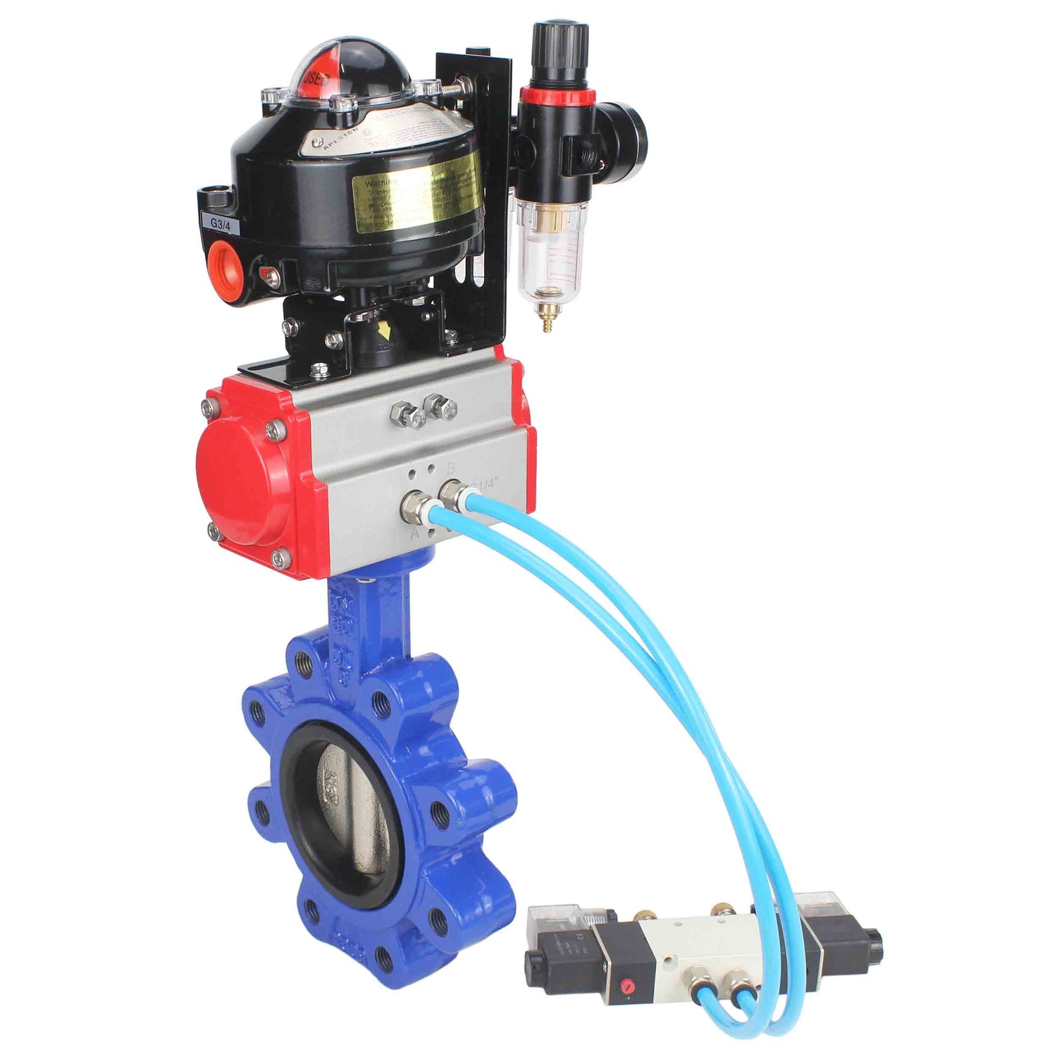Wasser-Schmetterlingsventil Elephant WBV1616N-2W-Fb-H, Gehäusematerial - Gusseisen QT450, Scheibenmaterial - Gusseisen QT450, Dichtung - NBR, pneumatischer Antrieb PA-DA Doppelwirkung, 4V320-08 220V, LSU APL-510N EX, ATU AFC2000