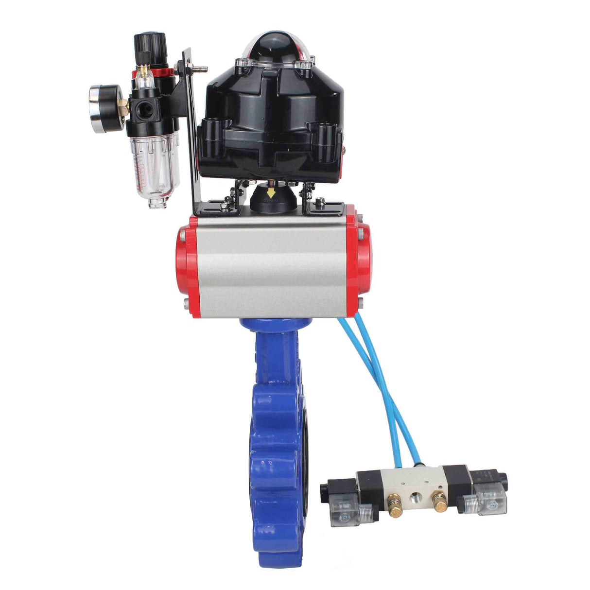 Wasser-Schmetterlingsventil Elephant WBV1631E-2W-Fb-H, Gehäusematerial - Gusseisen QT450, Scheibenmaterial - Edelstahl AISI 304, Dichtung - EPDM, pneumatischer Antrieb PA-SA mit Rückstellfedern, 4V320-08 220V, LSU APL-510N EX, ATU AFC2000