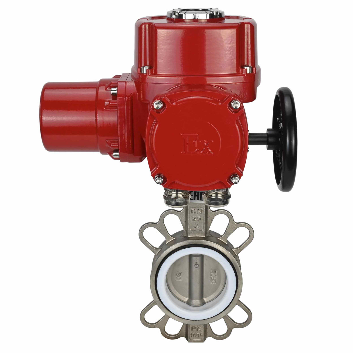 Wasser-Schmetterlingsventil Elephant 316L-316L-PTFE Gehäusematerial - Edelstahl AISI 316L, Scheibenmaterial - Edelstahl AISI 316L, Dichtung - PTFE mit 1/4-Umdrehung elektrischem Antrieb Elephant QT-W (M) EX 220V