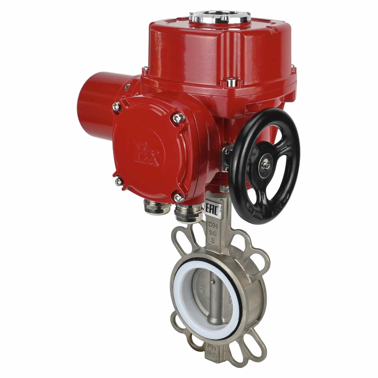 Wasser-Schmetterlingsventil Elephant 316L-316L-PTFE Gehäusematerial - Edelstahl AISI 316L, Scheibenmaterial - Edelstahl AISI 316L, Dichtung - PTFE mit 1/4-Umdrehung elektrischem Antrieb Elephant QT-W (M) EX 380V