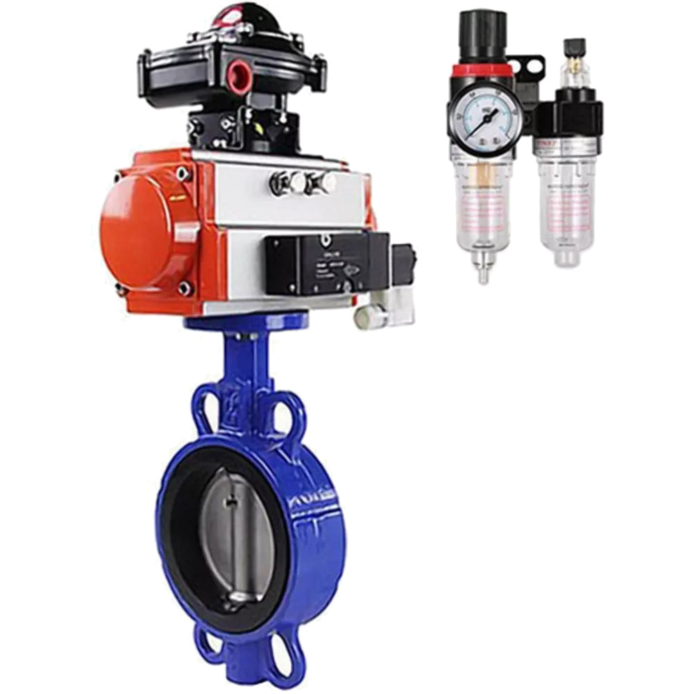 Wasser-Schmetterlingsventil Elephant WBV1632E-2W-Fb-H, Gehäusematerial - Gusseisen QT450, Scheibenmaterial - Edelstahl AISI 316L, Dichtung - EPDM, pneumatischer Antrieb PA-DA Doppelwirkung, 4V320-10 220V, LSU APL-510N EX, ATU AFC2000