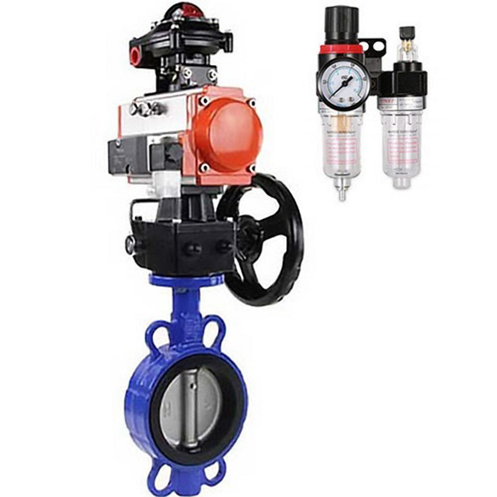 Wasser-Schmetterlingsventil Elephant WBV1631E-2W-Fb-H, Gehäusematerial - Gusseisen QT450, Scheibenmaterial - Edelstahl AISI 304, Dichtung - EPDM, pneumatischer Antrieb PA-DA Doppelwirkung, 4M310-08 220V, LSU APL-210N, Handrad MON, ATU AFC2000