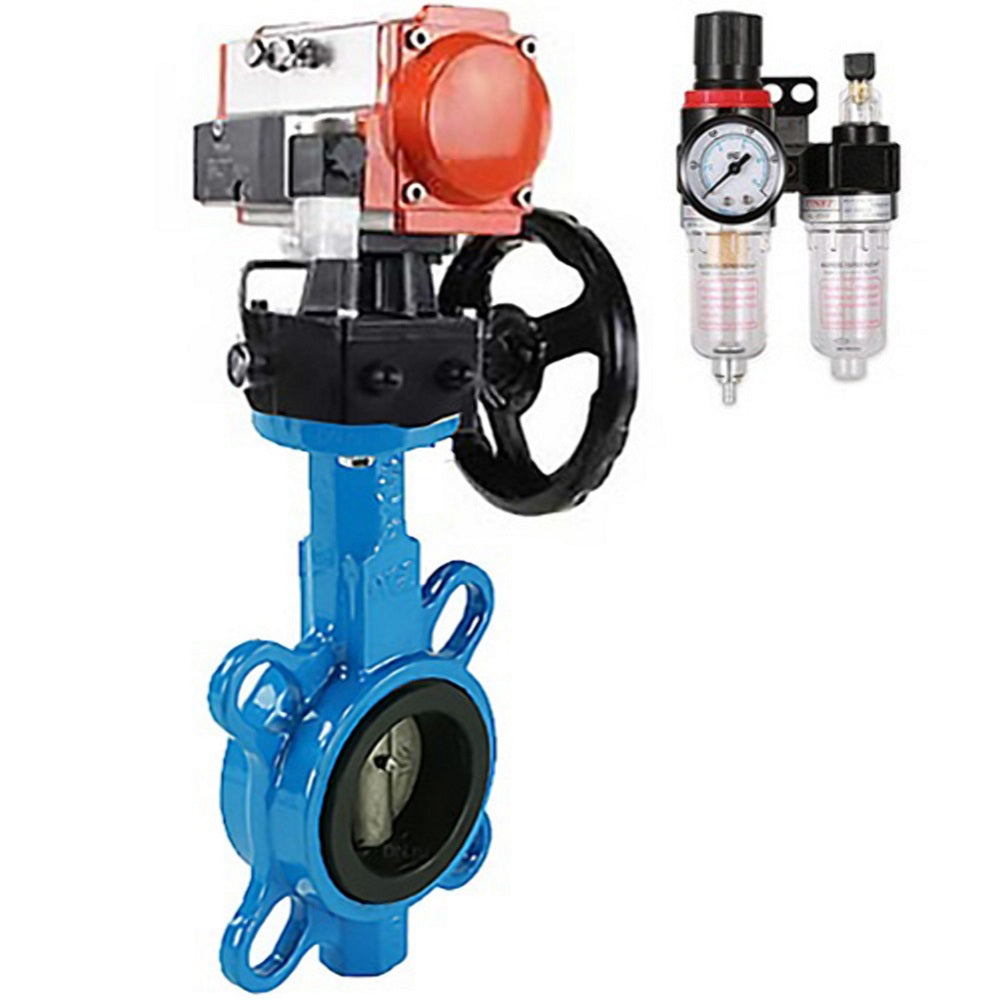 Wasser-Schmetterlingsventil Elephant WBV1632E-2W-Fb-H, Gehäusematerial - Gusseisen QT450, Scheibenmaterial - Edelstahl AISI 316L, Dichtung - EPDM, pneumatischer Antrieb PA-DA Doppelwirkung, 4V320-10 220V Handrad HDM, ATU AFC2000