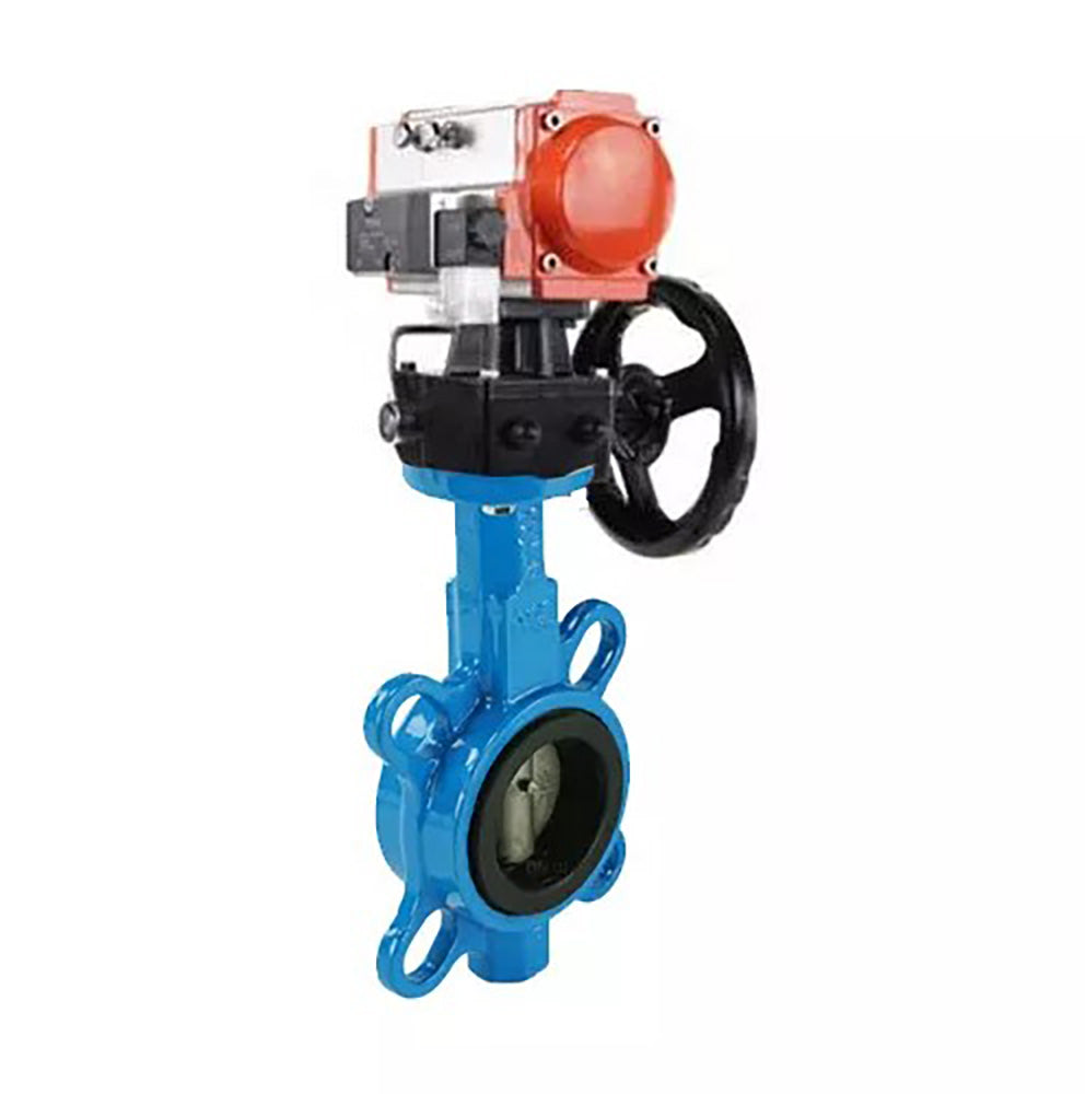 Wasser-Schmetterlingsventil Elephant WBV1632E-2W-Fb-H, Gehäusematerial - Gusseisen QT450, Scheibenmaterial - Edelstahl AISI 316L, Dichtung - EPDM, pneumatischer Antrieb PA-DA Doppelwirkung, 4V320-10 220V Handrad HDM,