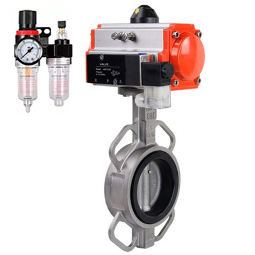 Water Butterfly Valve Elephant WBV3131N-2W-Fb-H, Gehäusematerial - Edelstahl AISI 304, Scheibenmaterial - Edelstahl AISI 304, Dichtung - NBR, pneumatischer Antrieb PA-DA Doppelwirkung, 4V320-10 220V ATU AFC2000