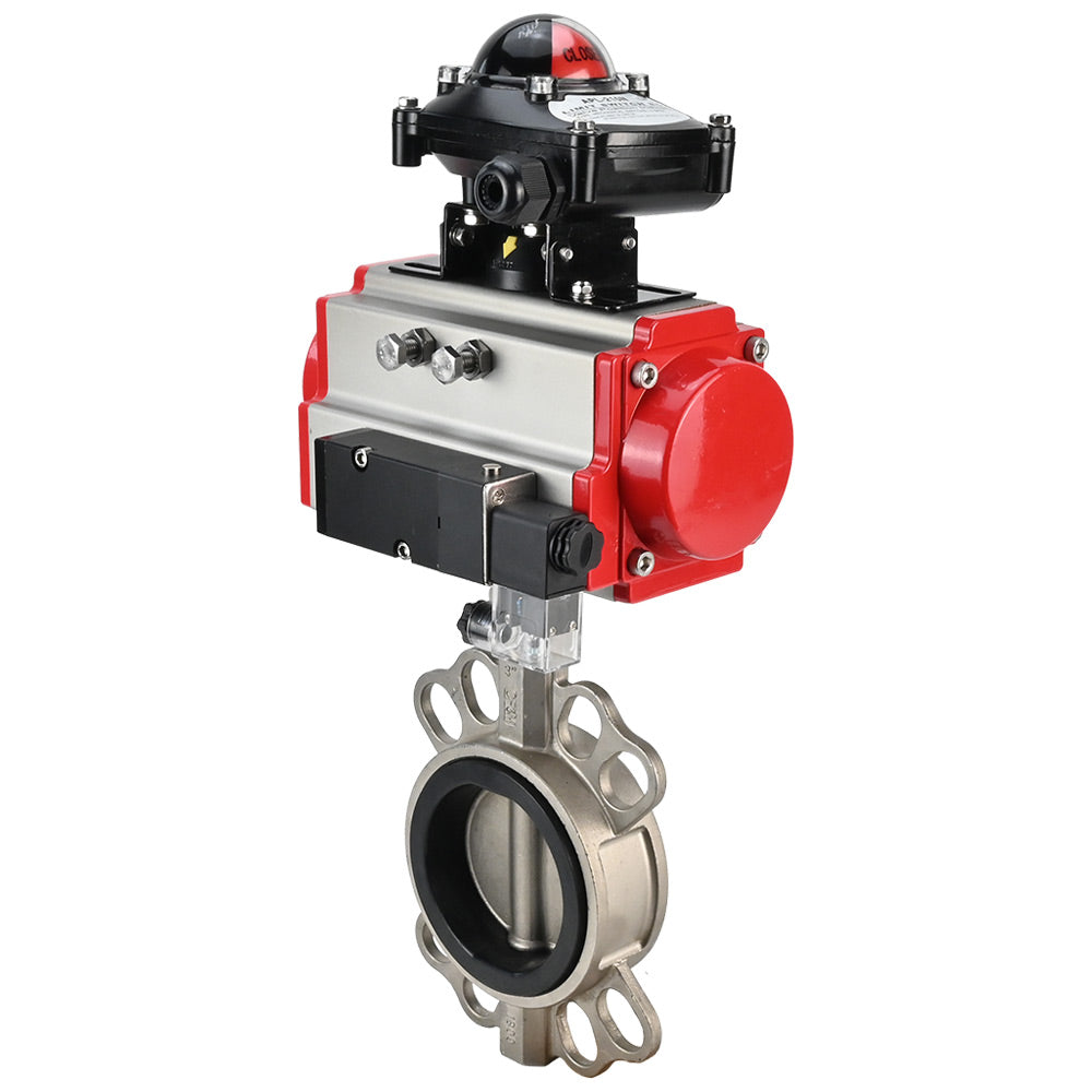 Water Butterfly Valve Elephant WBV3131N-2W-Fb-H, Gehäusematerial - Edelstahl AISI 304, Scheibenmaterial - Edelstahl AISI 304, Dichtung - NBR, pneumatischer Antrieb PA-DA Doppelwirkung, 4V320-10 220V, LSU APL-210N
