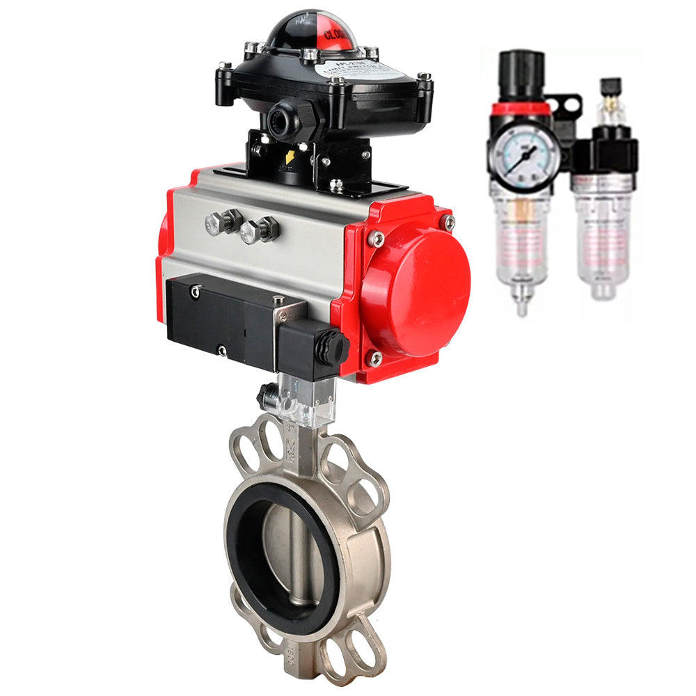 Water Butterfly Valve Elephant WBV3131N-2W-Fb-H, Gehäusematerial - Edelstahl AISI 304, Scheibenmaterial - Edelstahl AISI 304, Dichtung - NBR, pneumatischer Antrieb PA-DA Doppelwirkung, 4M310-08 24V, LSU APL-210N ATU AFC2000
