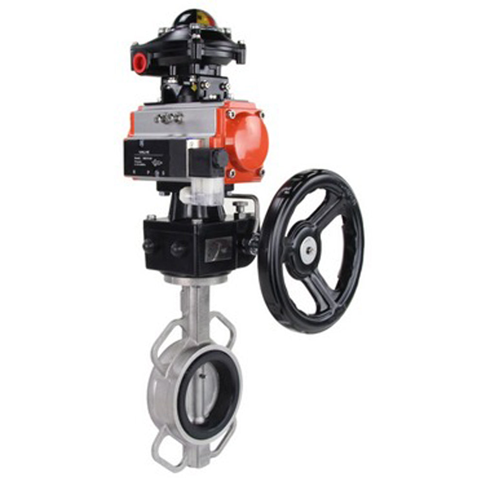 Water Butterfly Valve Elephant WBV3131N-2W-Fb-H, Gehäusematerial - Edelstahl AISI 304, Scheibenmaterial - Edelstahl AISI 304, Dichtung - NBR, pneumatischer Antrieb PA-DA Doppelwirkung, 4V320-10 220V, LSU APL-410N EX, Handrad MON