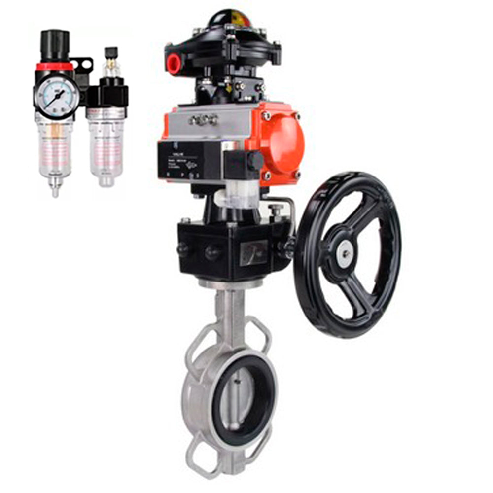 Water Butterfly Valve Elephant WBV3131N-2W-Fb-H, Gehäusematerial - Edelstahl AISI 304, Scheibenmaterial - Edelstahl AISI 304, Dichtung - NBR, pneumatischer Antrieb PA-DA Doppelwirkung, 4V320-10 220V, LSU APL-210N, Handrad MON, ATU AFC2000